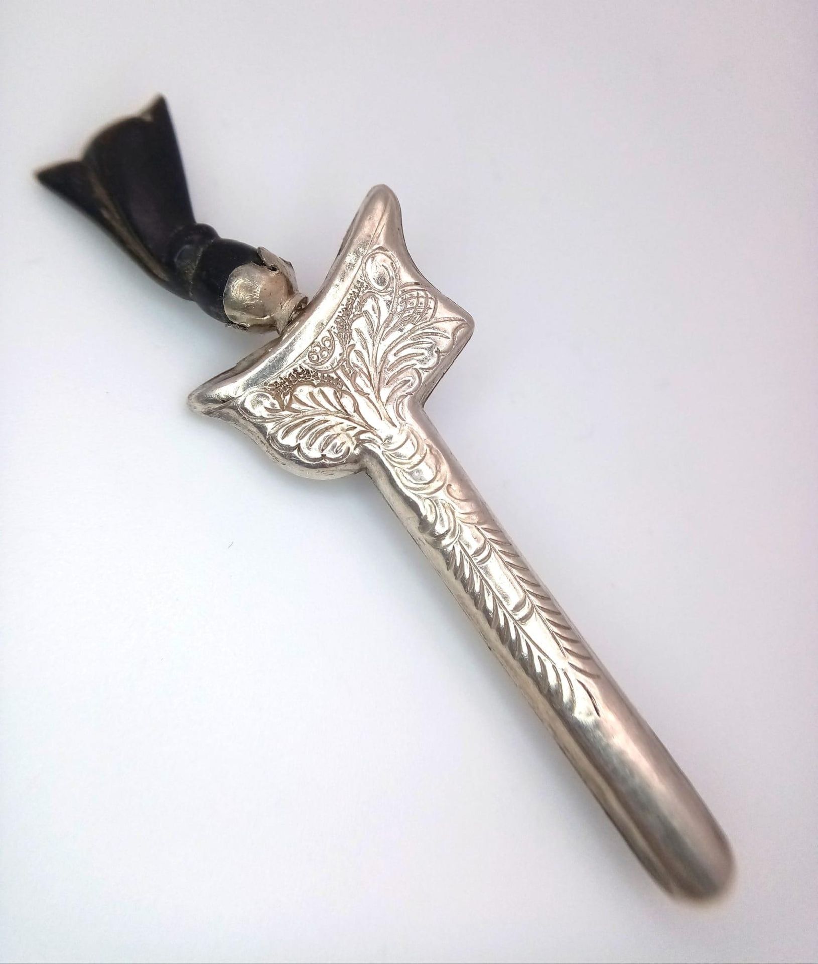 A Vintage or Antique Silver and Horn Handle Kris Knife and Sheathe Bar Brooch. Knife is