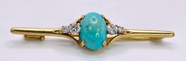 An Antique Victorian Mid-Karat Gold, Turquoise and Diamond Bar Brooch. A beautiful pale blue