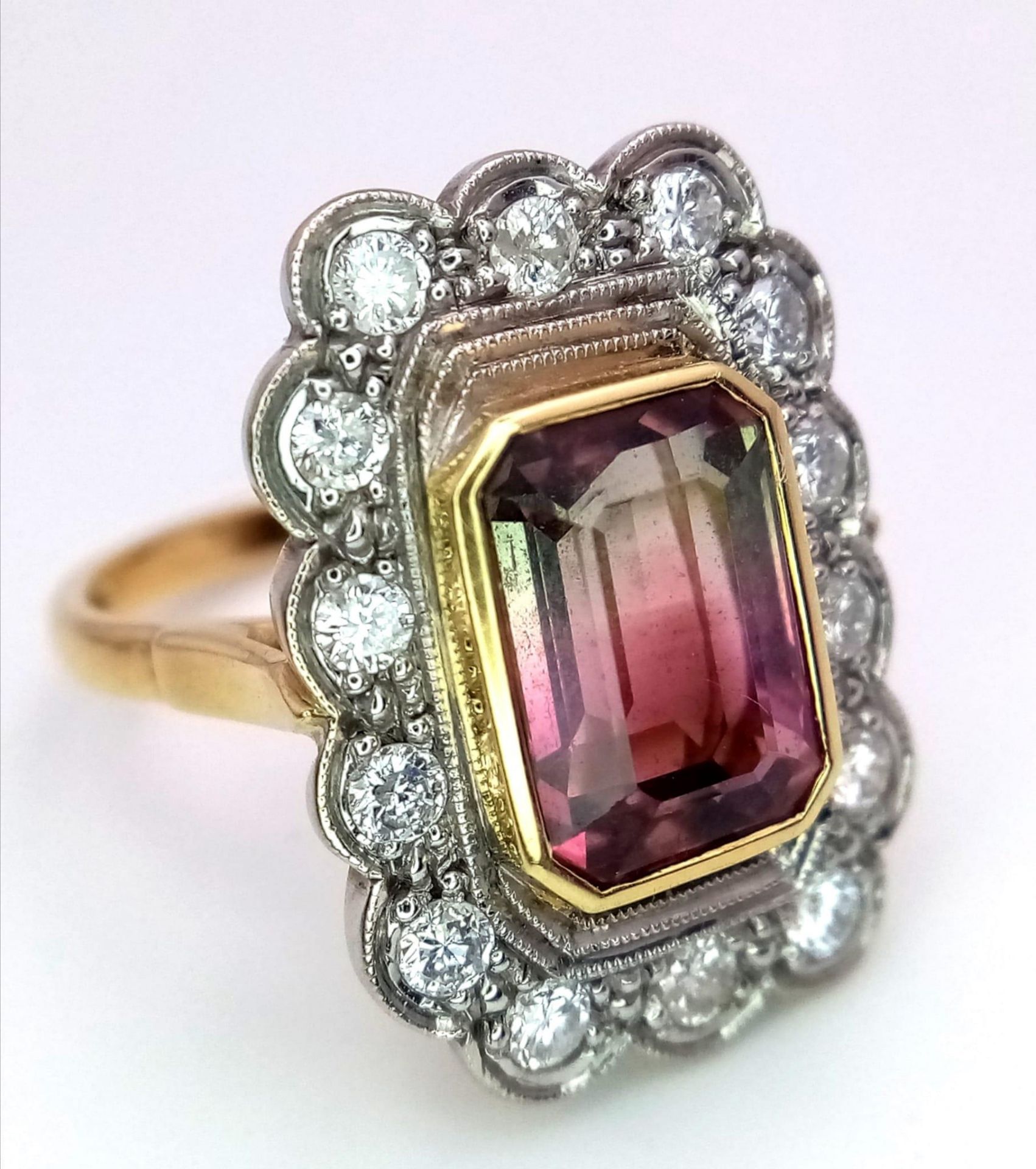A 18K YELLOW GOLD DIAMOND AND BI COLOUR TOURMALINE CLUSTER RING 7.9G SIZE M 1/2 ref: STOCK 6765