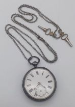 An Antique Silver-Cased Pocket Watch. Birmingham hallmarks. 47mm case. Comes with keys. Works but