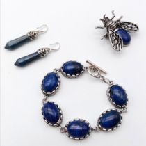 A Lapis Lazuli Oval Link Bracelet, Bee Brooch and Drop Earrings. 17cm. Earrings - 4cm drop.