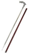 An Extremely Rare Vintage or Antique White Metal Serpent Head Handle Sword Stick in Leather