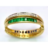 A very interesting 18 K yellow gold ring with two emerald bars and two rotating diamond bars that