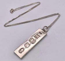 Hallmarked 1977 Silver Jubilee Ingot Pendant Necklace. 46cm Length Sterling Silver Chain. Gross