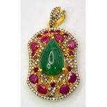 An Emerald, Ruby and Diamond Shield Pendant set in Gold Plated 925 Silver. A central 8ct teardrop