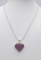 A Very Stylish, Sterling Silver, Pressed Flower Glass Heart Shape Pendant Necklace. 43cm Length Rope