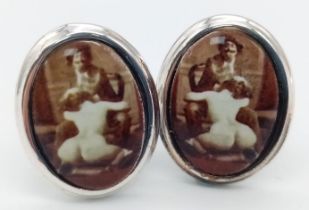 A Very Rare and Unique Pair of Vintage Sterling Silver Sepia Erotic Image Cufflinks. 2.2cm Length. A