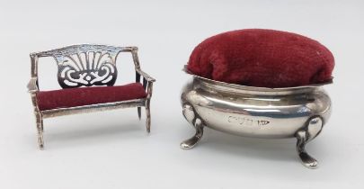 Two Vintage Possibly Antique Serling Silver Pin Cushions - In the form of a bench and a bowl. 5