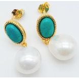 Yellow Gold Gilded, Sterling Silver Turquoise & Pearl Earrings. Measures 2cm in length. Weight: 3.