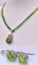 A Peridot & Green Onyx Beaded Necklace with Pendant drop Plus a Pair of Peridot Earrings. Set in 925