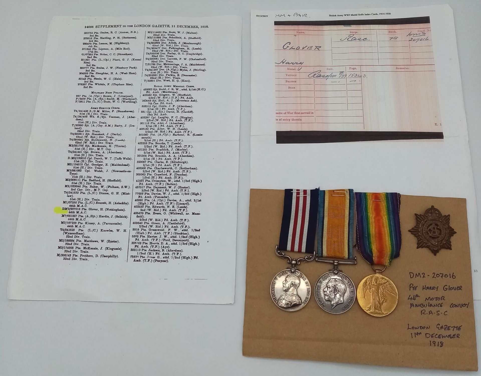 A WW1 Military Medal Group Awarded to DM2.207016 Pte Harry Glover 44 th Motor Ambulance Convoy - Bild 6 aus 6
