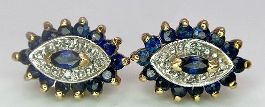 A PAIR OF 9K YELLOW GOLD DIAMOND & SAPPHIRE STUD EARRINGS. 1.3cm length, 2.5g total weight. Ref: