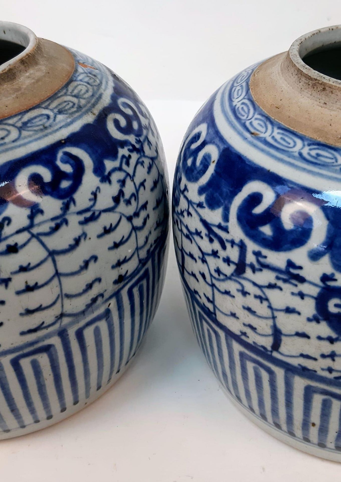 A PAIR OF LATE 19TH CENTURY BLEU GLAZED CHINESE POTS . 20cms TALL 22cms WIDTH (small chips at rim) - Image 3 of 4
