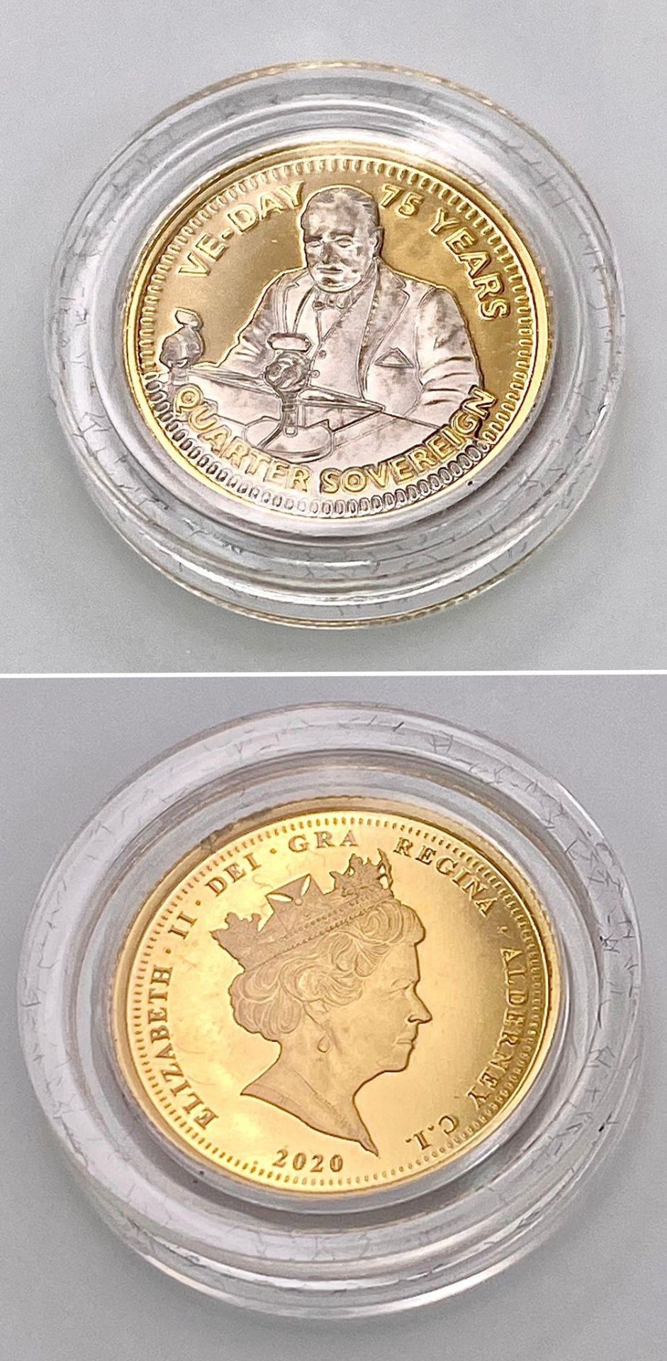 A 22k Gold Quarter Sovereign Commemorating VE Day. Comes with a COA.
