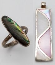 STERLING SILVER, MOTHER OF PEARL PENDANT & RING. PENDANT MEASURES 4.5CM IN LENGTH. RING SIZE: L