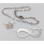 3 X STERLING SILVER ITEMS HEART BRACELET, BUTTERFLY CHARM & INFINITY PENDANT ENGRAVED WITH AND