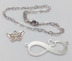 3 X STERLING SILVER ITEMS HEART BRACELET, BUTTERFLY CHARM & INFINITY PENDANT ENGRAVED WITH AND