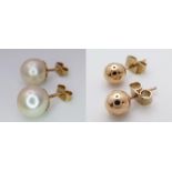 Two Pairs of 9K Gold Stud Earrings - Pearl and Ball. 2.85g total weight.