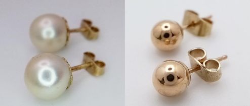 Two Pairs of 9K Gold Stud Earrings - Pearl and Ball. 2.85g total weight.