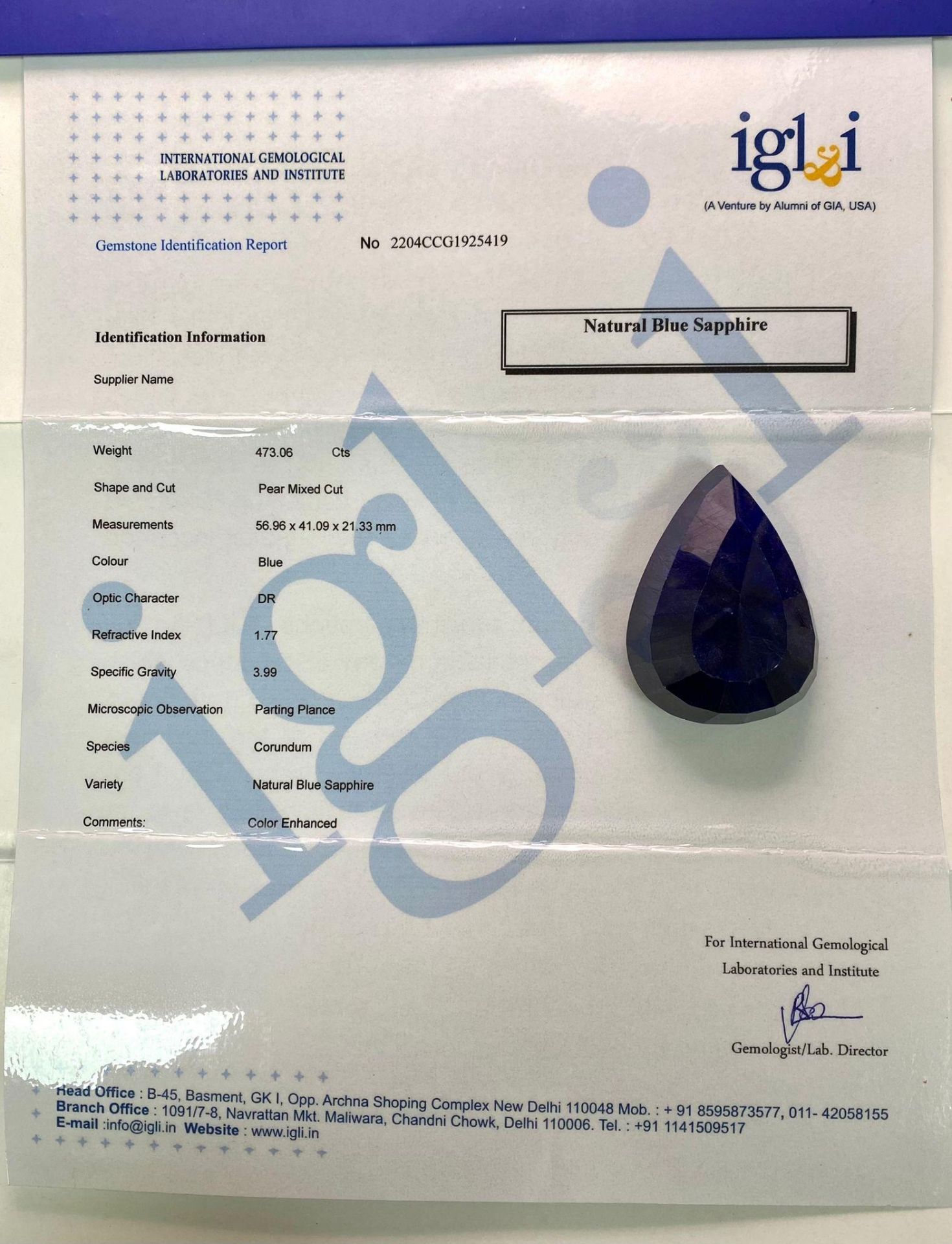 A 473.06ct Large Pear Shape Blue Sapphire Gemstone. Comes with the IGLI Certificate - Image 6 of 6