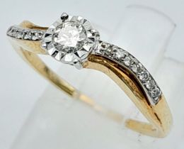 A 9K Yellow Gold Solitaire Style Ring - Set with 0.22ctw of round brilliant cut diamonds in a