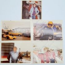 Five Autographed Vintage Racing Themed Pictures. Including: James Hunt, Roger Clark, Noel Edmunds