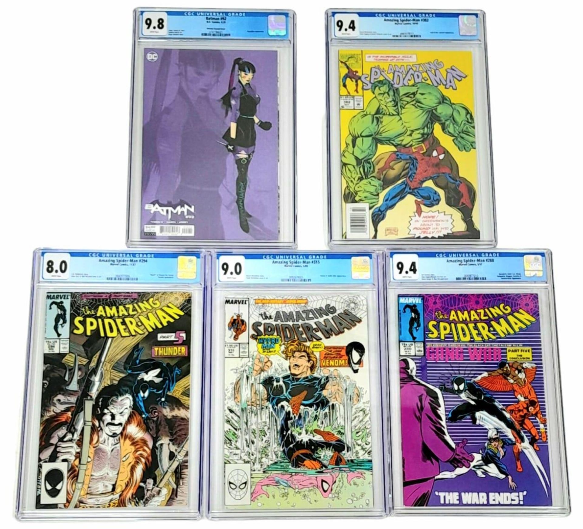 Five Very Collectible CGC Graded Comics: Spiderman #288 - 9.4 rating, Spiderman #382 - 9.4 rating,