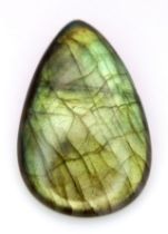 A 34.14ct Untreated Labradorite, in the Pear Cabochon Shape. Comes with the GFCO Swiss Certificate