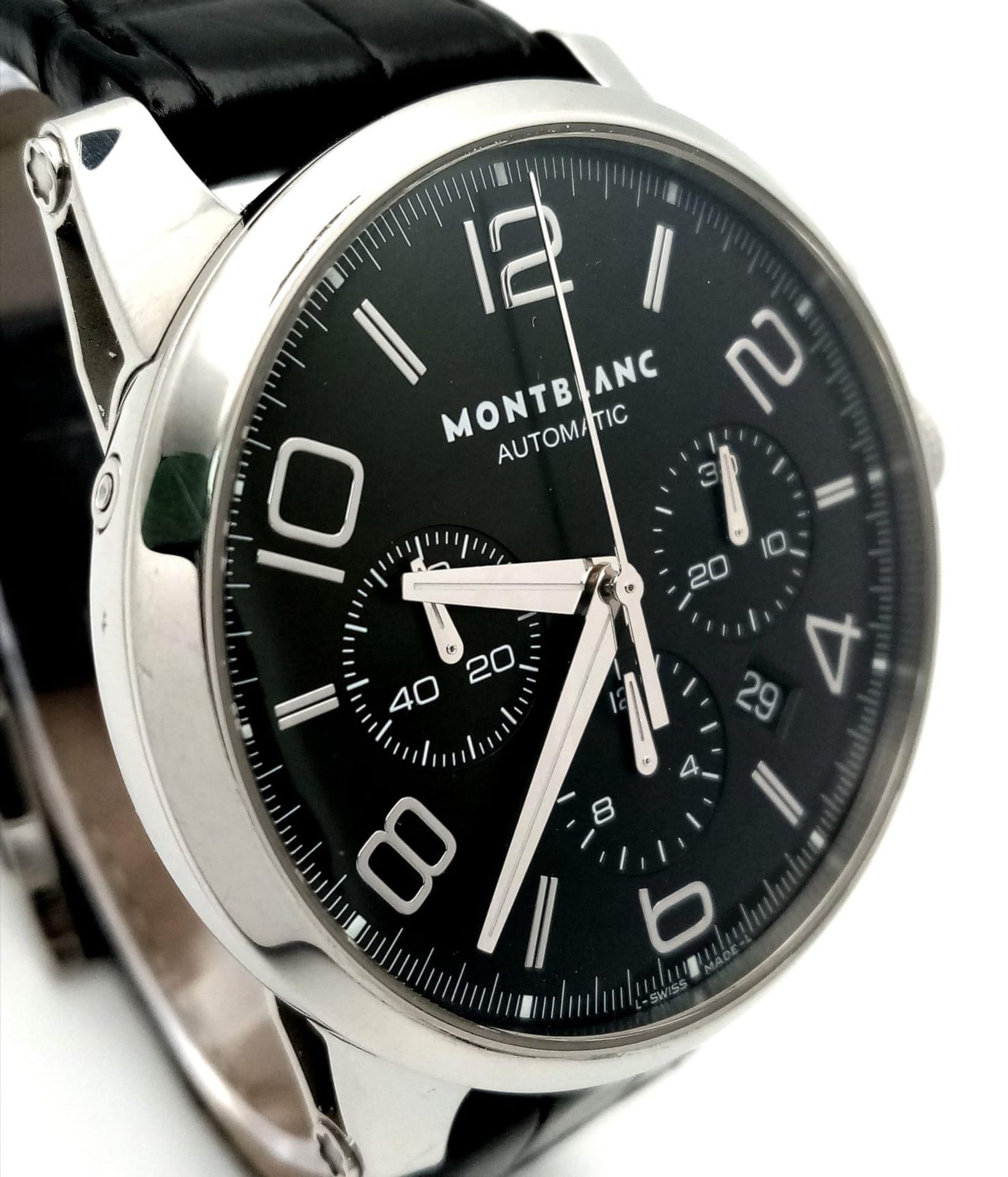 A "MONTBLANC" AUTOMATIC CHRONOGRAPH WITH 3 SUBDIALS ,STUNNING BLACK FACE , COMES WITH BOX AND - Image 2 of 8