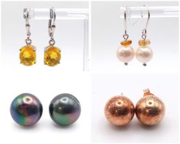 Four Pairs of Different Style Earrings: Citrine, gilded silver and two cultured pearl. All set in