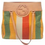 A Gucci Baiadera Canvas and Leather Tote Bag. Multi coloured canvas exterior with a large Gucci