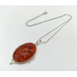 A Vintage Sterling Amber Cabochon Pendant Necklace. 45cm Length Sterling Silver Flat Link Twist