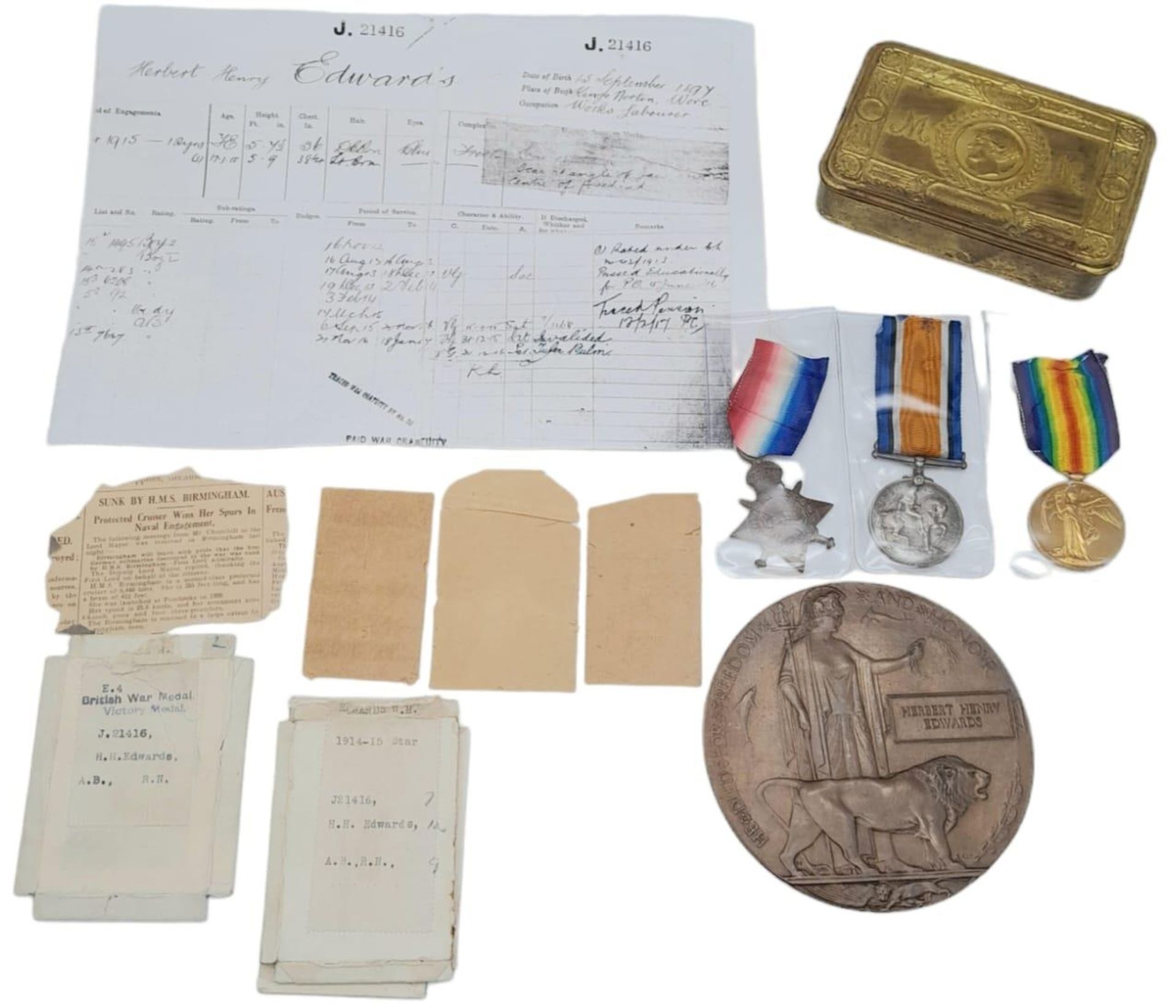 An interesting WW1 Medal Trio & Death Plaque to Able Seaman Herbert Edwards who started his career