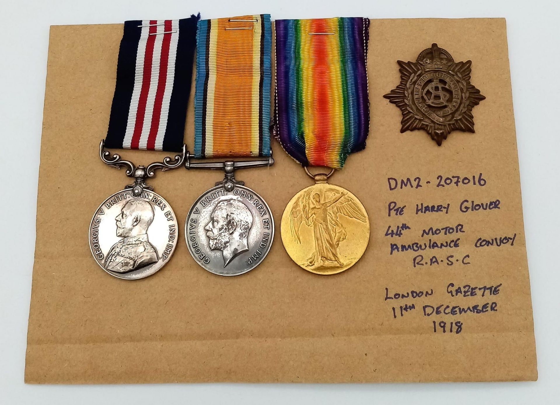 A WW1 Military Medal Group Awarded to DM2.207016 Pte Harry Glover 44 th Motor Ambulance Convoy