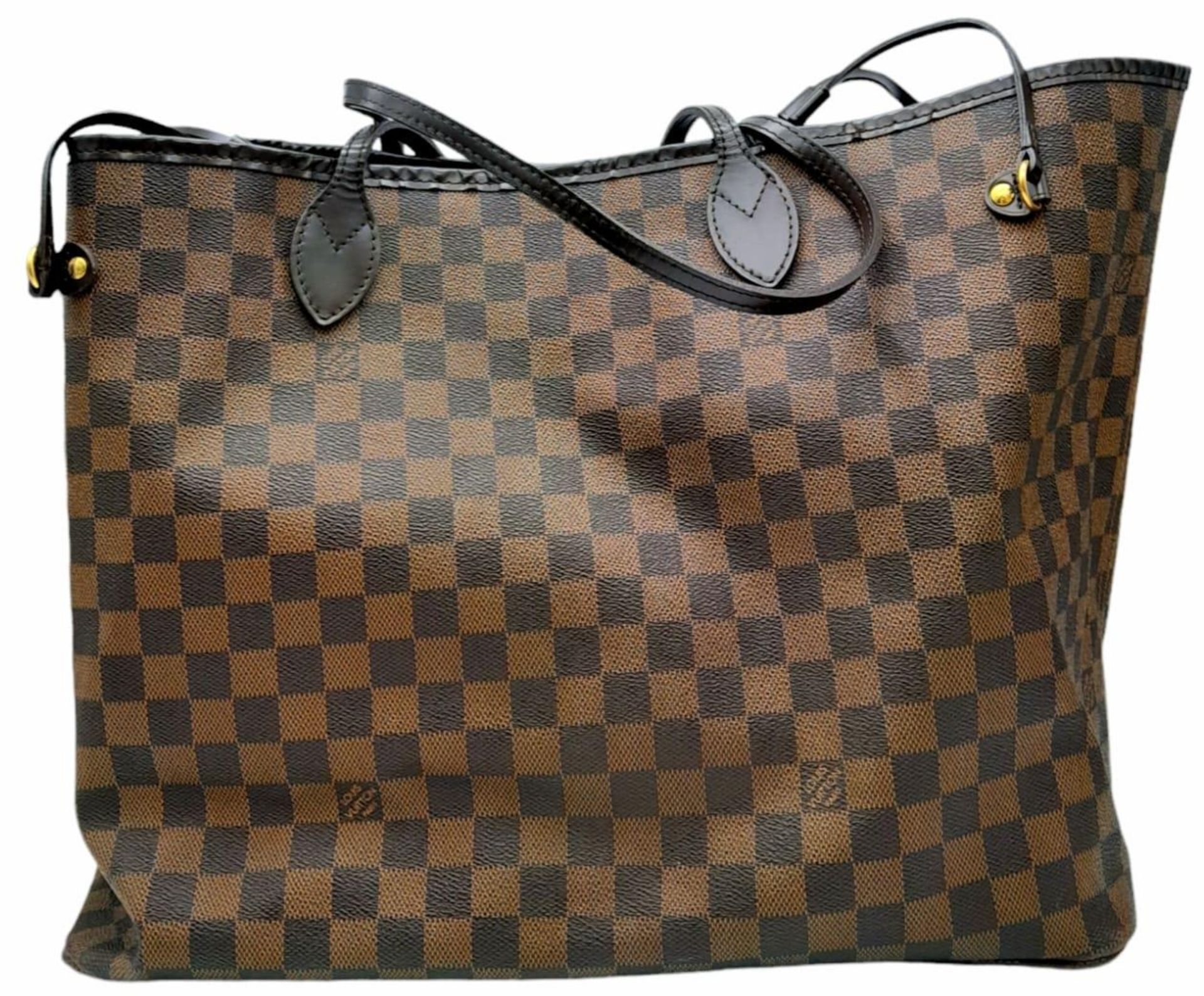A Louis Vuitton Damier Ebene 'Neverfull GM' Bag. Leather exterior with gold-toned hardware, two thin