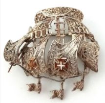 A Very Rare Vintage Continental Silver Filigree Galleon Brooch 3.4cm Wide.