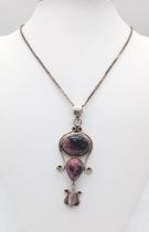 A Vintage Sterling Silver Edwardian Style Rhodonite, Rose Quartz and Moonstone Pendant Necklace.