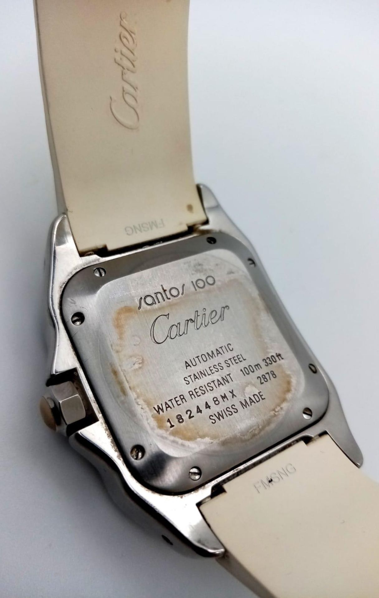 A Cartier Santos 100 Automatic Unisex Diamond Watch. White rubber Cartier strap with diamond buckle. - Bild 7 aus 8
