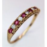 An attractive 9 K yellow gold ring with alternating diamonds and rubies. Ring size: Q, weight: 1.4