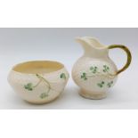 A Vintage Beeleek of Ireland Porcelain Creamer and Sugar Bowl. Shamrock decoration. 10cm tall -