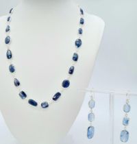 A 28ctw Kyanite Gemstone Necklace with Matching Dangler Earrings set in 925 Silver. 46cm necklace