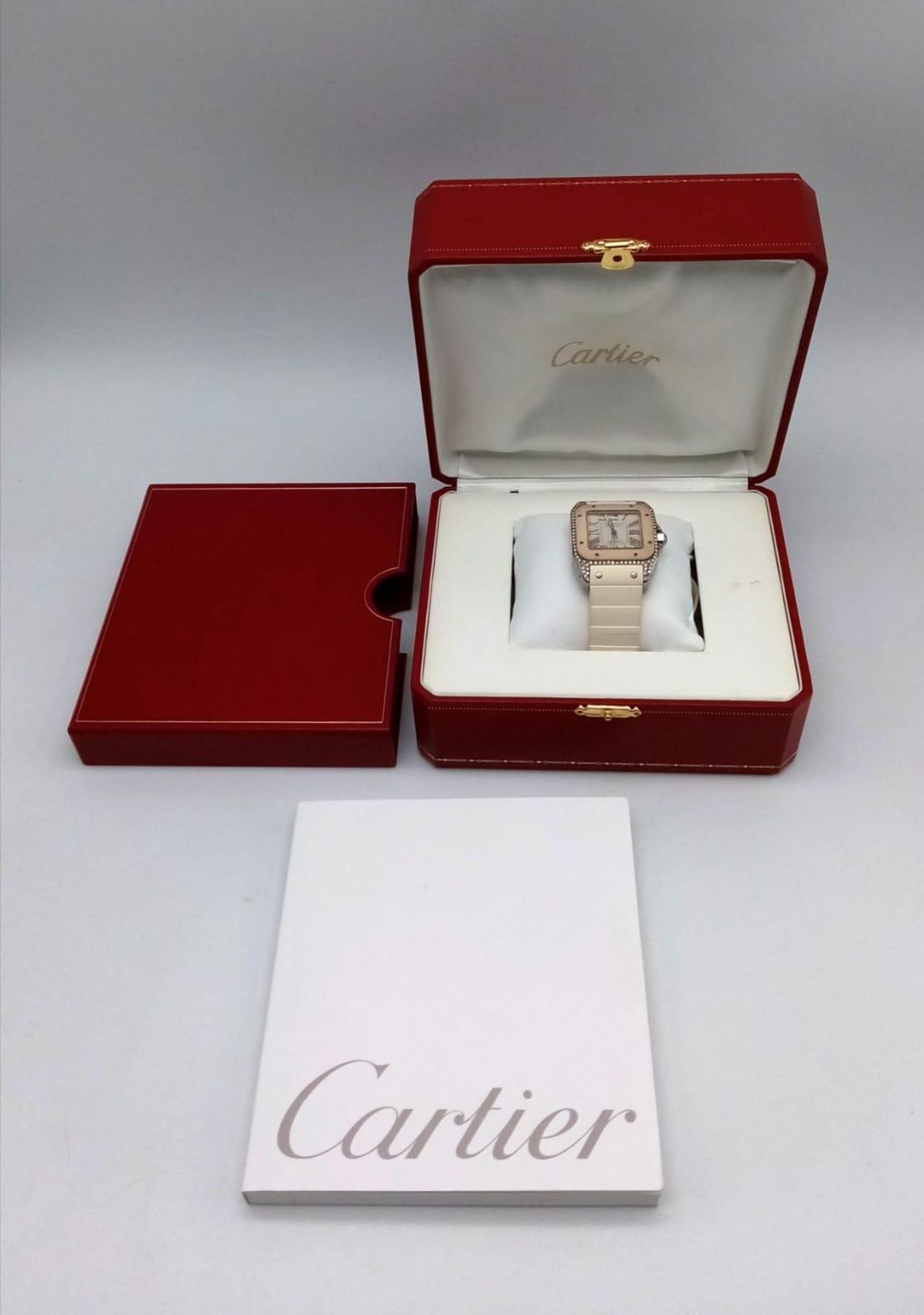 A Cartier Santos 100 Automatic Unisex Diamond Watch. White rubber Cartier strap with diamond buckle. - Image 6 of 8