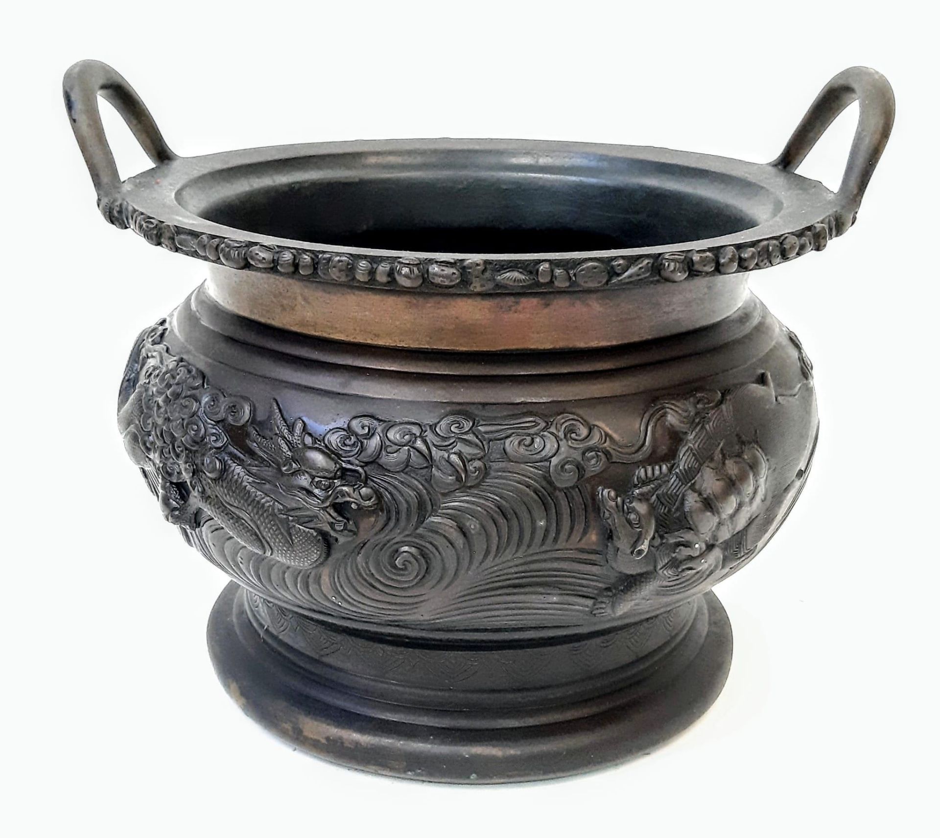 A superb, SIGNED, Antique Twin-Handled Chinese Bronze Censor. Large in proportions and fine in