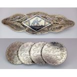 A Parcel of Two Vintage or Antique Silver Arabic Bar Brooches Comprising; 1) A Filigree and Enamel