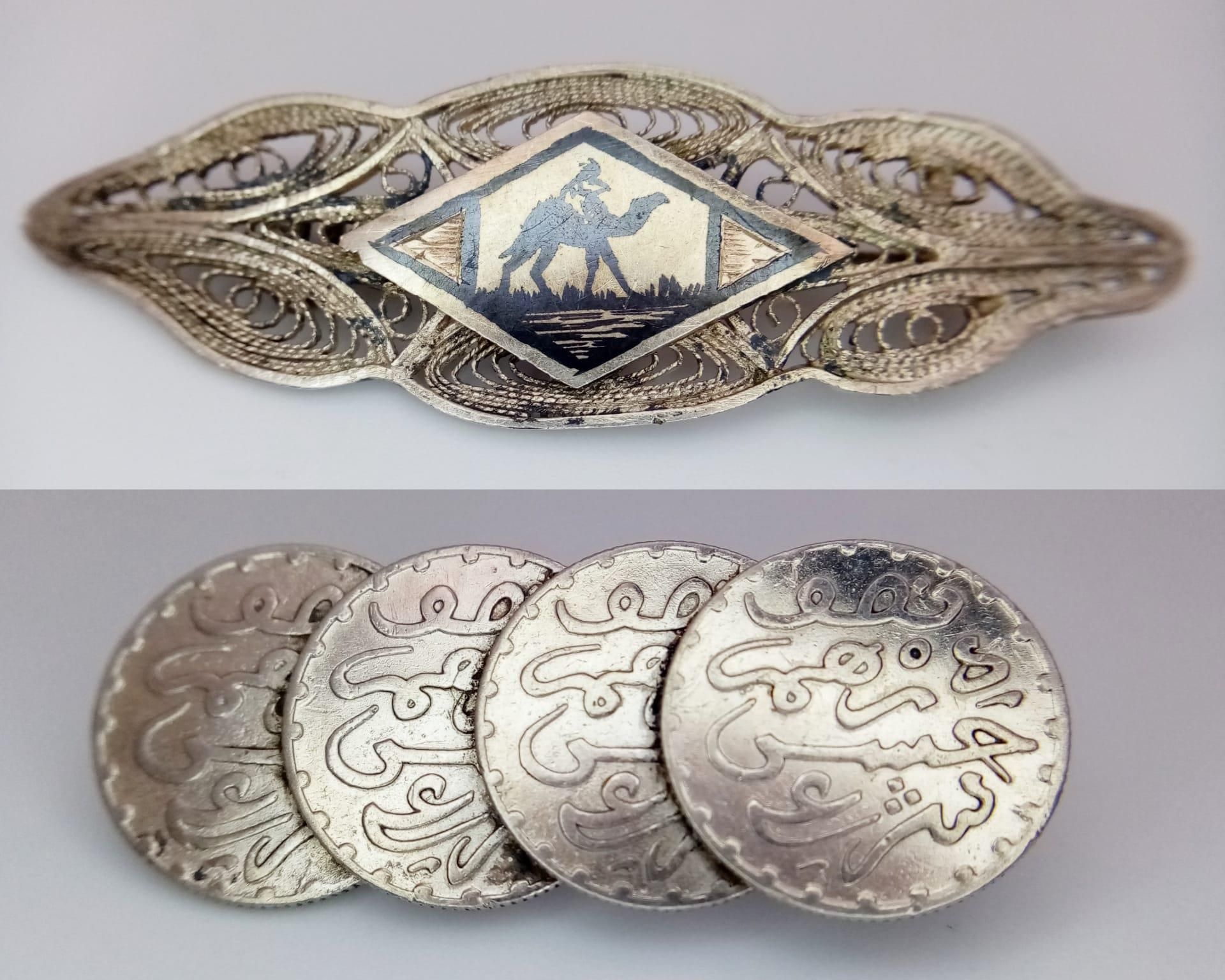 A Parcel of Two Vintage or Antique Silver Arabic Bar Brooches Comprising; 1) A Filigree and Enamel