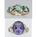 Two 9K Yellow Gold Gemstone Rings - An amethyst with diamond accents - size N and a three stone