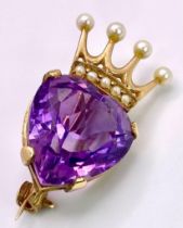 A Spectacular Vintage 9K Yellow Gold, Amethyst and Seed Pearl Crown Brooch. A central heart amethyst