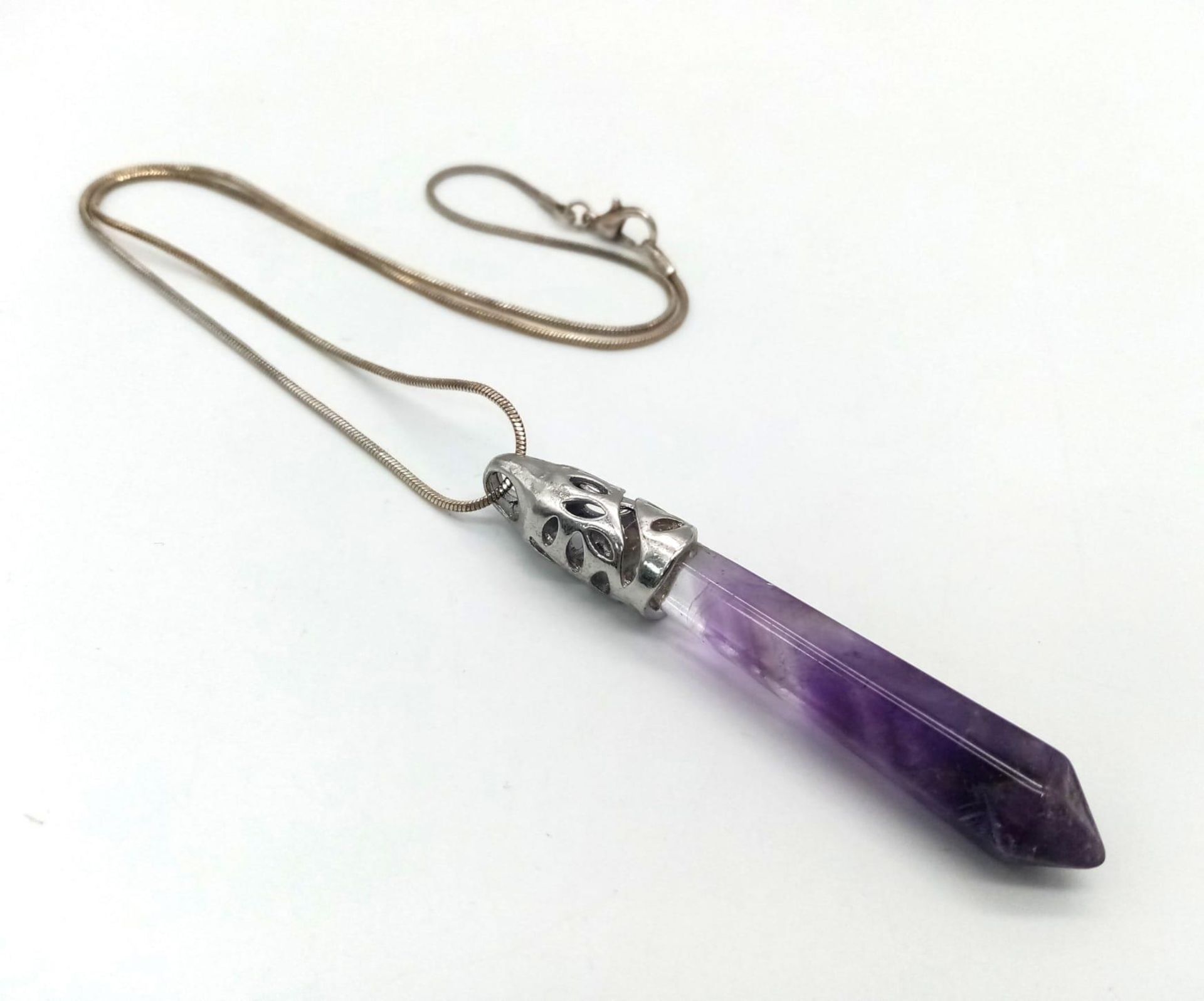 A Vintage Sterling Silver Amethyst Hexagon, Point Cut, Pendant Necklace. 46cm Length Sterling Silver