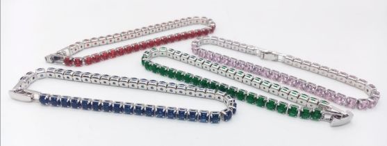 A Wonderful Selection of Four Different Brightly Coloured CZ Stone Tennis Bracelets. Royal blue,