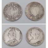 An 1892 and 1893 Queen Victoria Silver Half Crown - Please see photos for conditions.